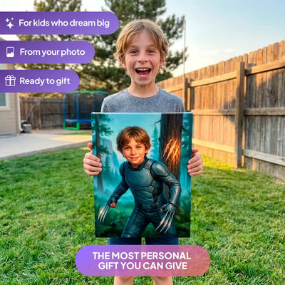 Boy holding a Claw Hero canvas portrait from Milo Portrait in a garden.