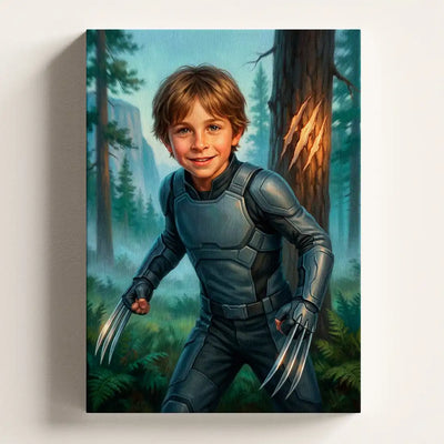Claw Hero personalized canvas portrait by Milo Portrait, clawed guardian braced at the edge of a misty pine forest at dawn.
