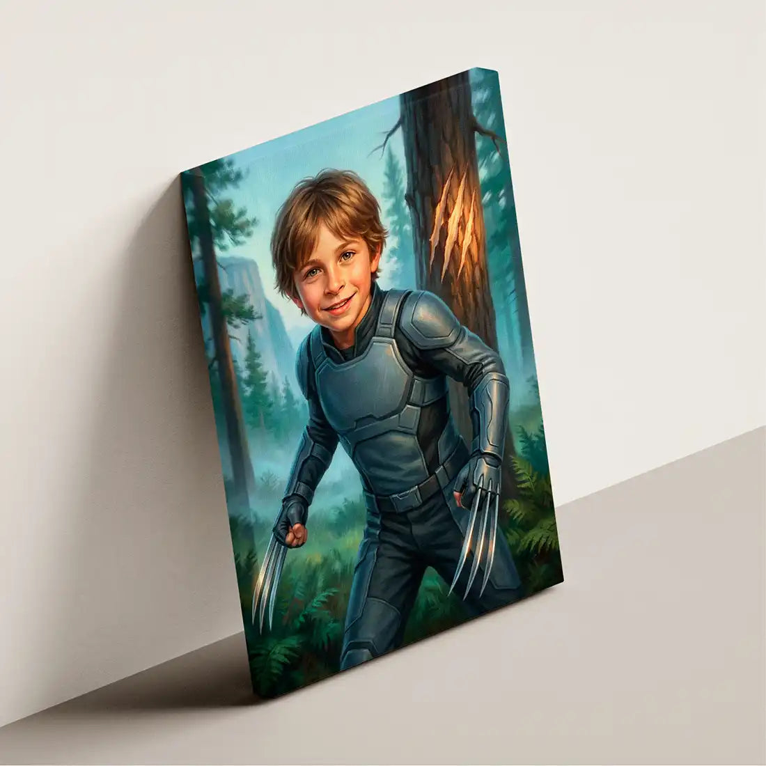 Claw Hero canvas wall art by Milo Portrait, clawed guardian braced at the edge of a misty pine forest at dawn, shown at an angle.
