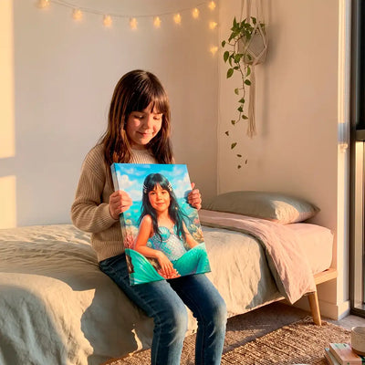 A young girl sits on a bed in a warm, sunlit bedroom, holding a custom photo canvas print of herself. The print features a bright blue sky and ocean background with her in a turquoise swimsuit.
