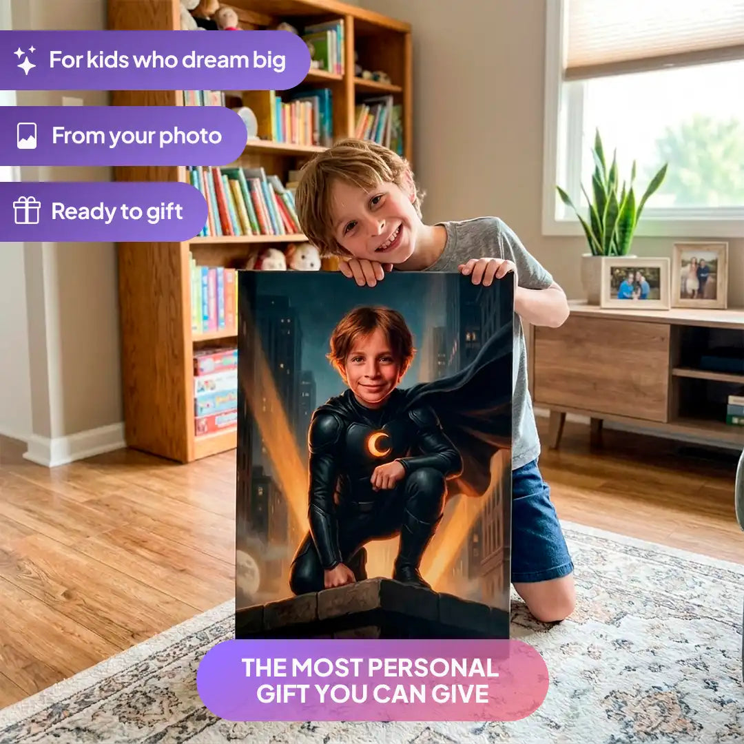 Boy holding a Night Hero canvas portrait from Milo Portrait in a living room.