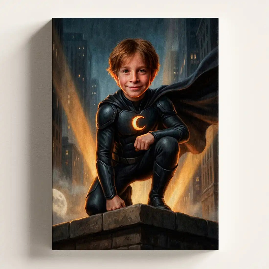 Night Hero personalized canvas portrait by Milo Portrait, cloaked night guardian on a rooftop above a warmly lit city.