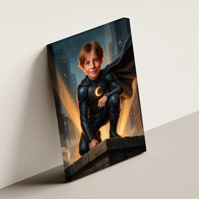 Night Hero canvas wall art by Milo Portrait, cloaked night guardian on a rooftop above a warmly lit city, shown at an angle.