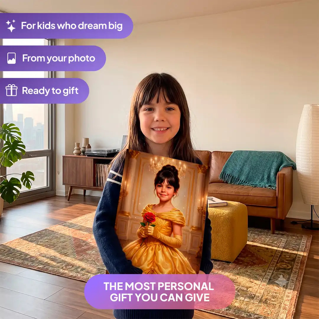 Girl holding a Ballroom Princess canvas portrait from Milo Portrait in a living room.