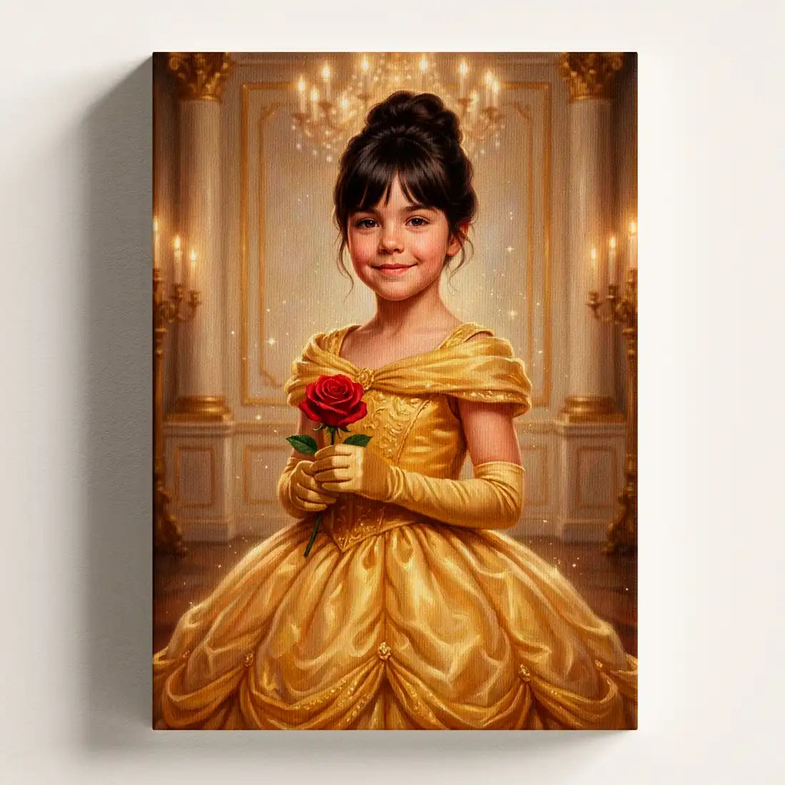 A vertical canvas wall art print depicting a young girl in a golden ballgown holding a red rose, set against an ornate gold chandelier and column interior. The canvas is shown hanging on a light gray wall with a soft shadow.