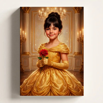 A vertical canvas wall art print depicting a young girl in a golden ballgown holding a red rose, set against an ornate gold chandelier and column interior. The canvas is shown hanging on a light gray wall with a soft shadow.