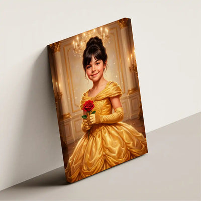 A vertical canvas print leaning against a light gray wall, featuring a portrait of a young girl in a golden ballgown holding a red rose in an ornate interior.