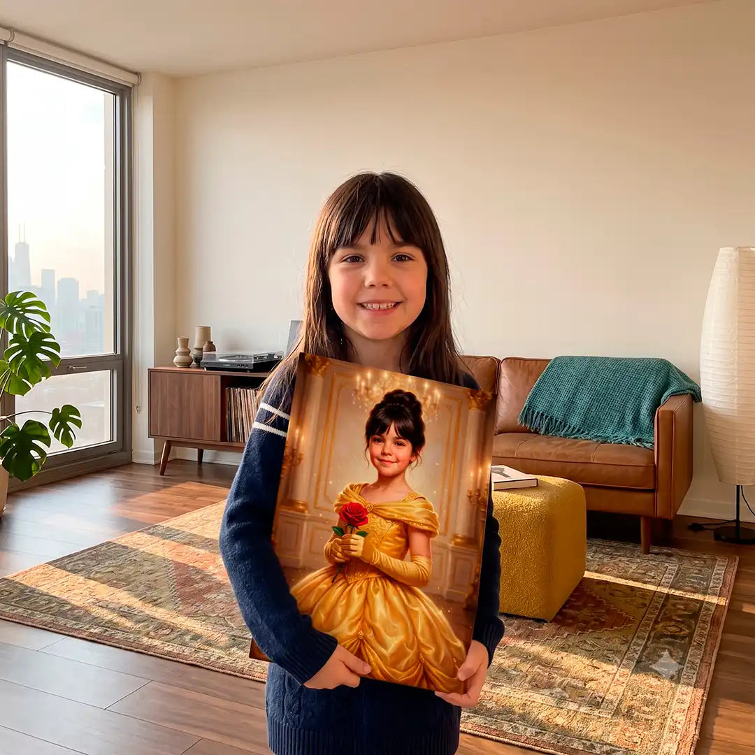 A young girl stands in a living room holding a custom portrait print of Belle from The Princess Bride wearing a yellow gown.