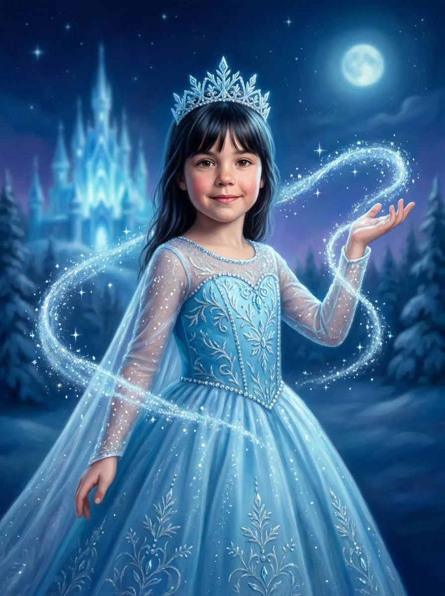 A young girl in a sparkling light blue princess gown and silver tiara stands in a snowy night scene with a glowing moon and castle in the background, surrounded by magical starlight swirls.